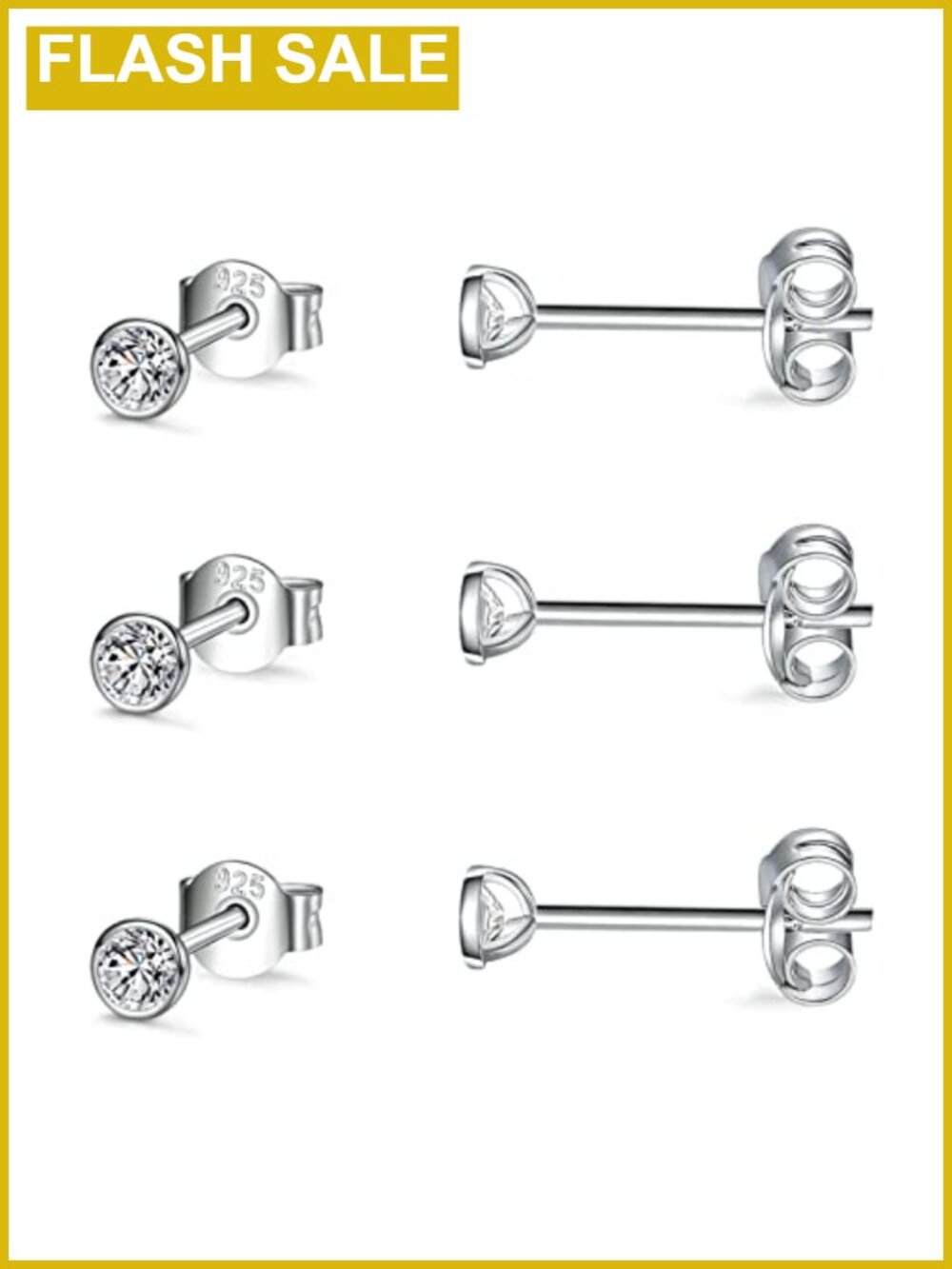 3 Pairs Sterling Silver Cubic Zirconia Stud Earrings Small Round CZ Tragus